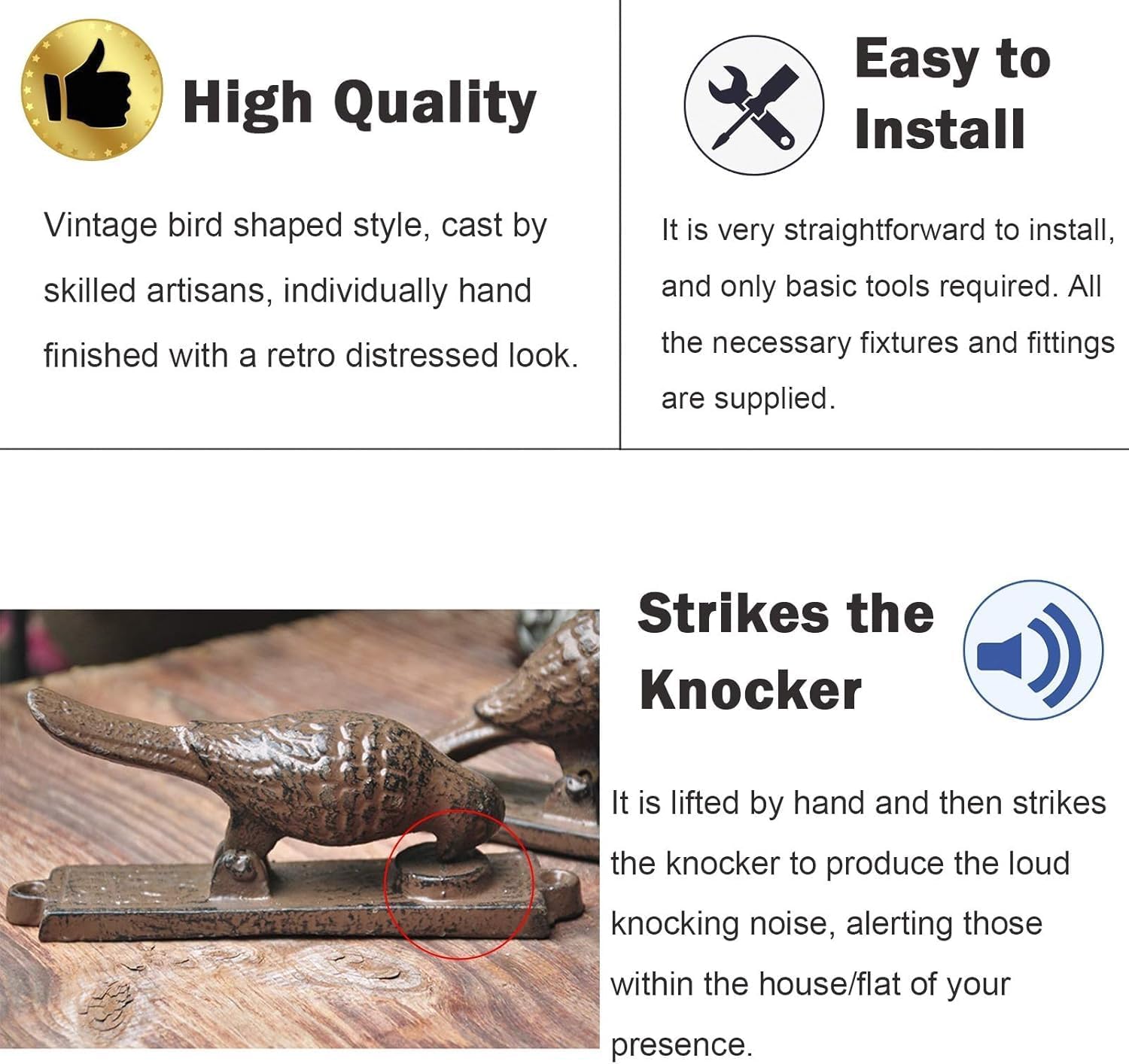 Small Vintage Bird Door Knockers, Lovely Red Bird Casting Iron Knocker | Solid Antique Decor Front Door Gate Handle, Welcome Pull Ring