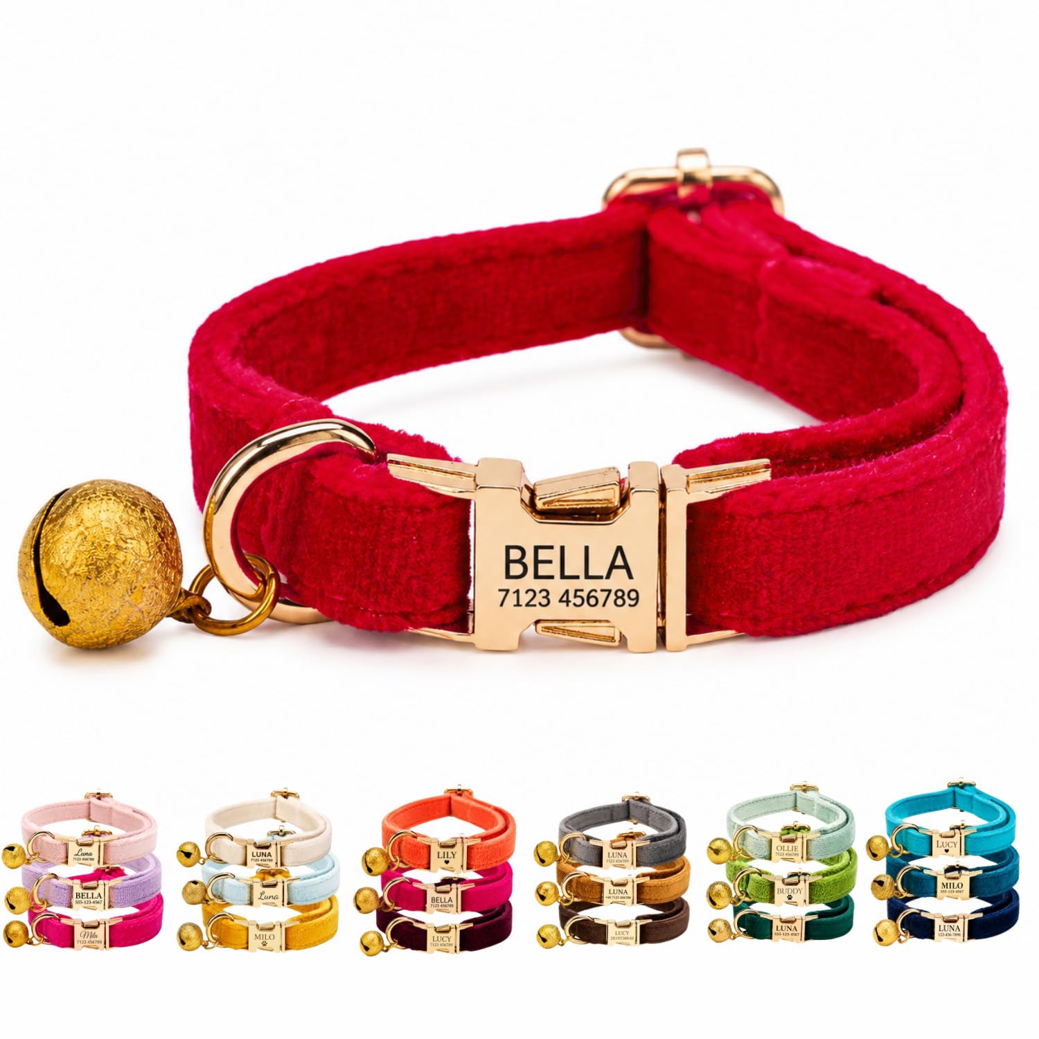 Velvet Personalised Cat Collar with Name & Phone Number Engraving – Adjustable Pet Collar with Metal Buckle & Bell – Soft Kitten ID Tag Collar for Cats Puppy – Gift for Pet Owners UK