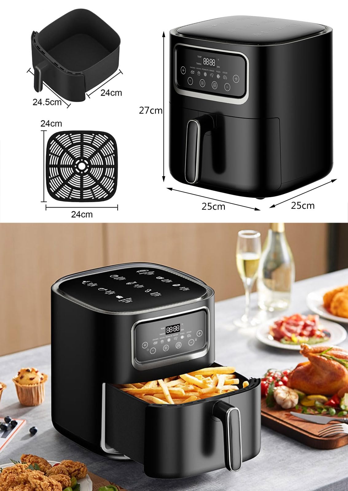 COYOUCO Friggitrice Ad Aria 8 Litri 1400W Antiaderente 9 Programmi Preimpostati - Cottura Senza Olio - Timer Temperatura 60 Minuti - Cestelli Lavabili in Lavastoviglie