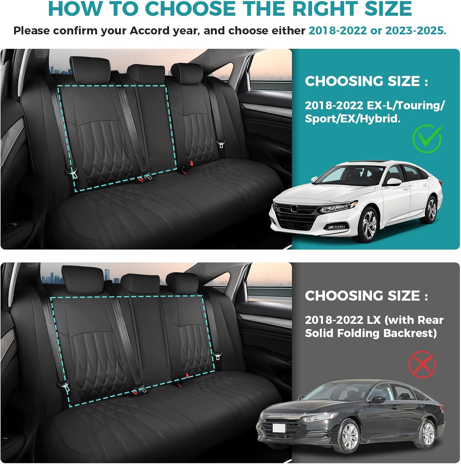 custom for honda accord seat covers ex,exl,touring,sport,hybrid 2018 2019 2020 2021 2022, faux leather car seats cover full set - rear row w/40/60 split backrest-black black 2018-2022 ex-l (rear row w/40/60 split)