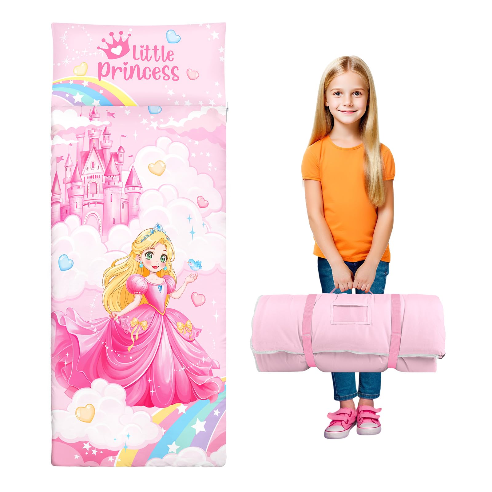 Saco de Dormir para Niños con Almohada, Tapete de Siesta para Niños y Niñas, Cálido Saco de Dormir de 150 x 60 cm, Tapete de Dormir Enrollable con Doble Cremallera