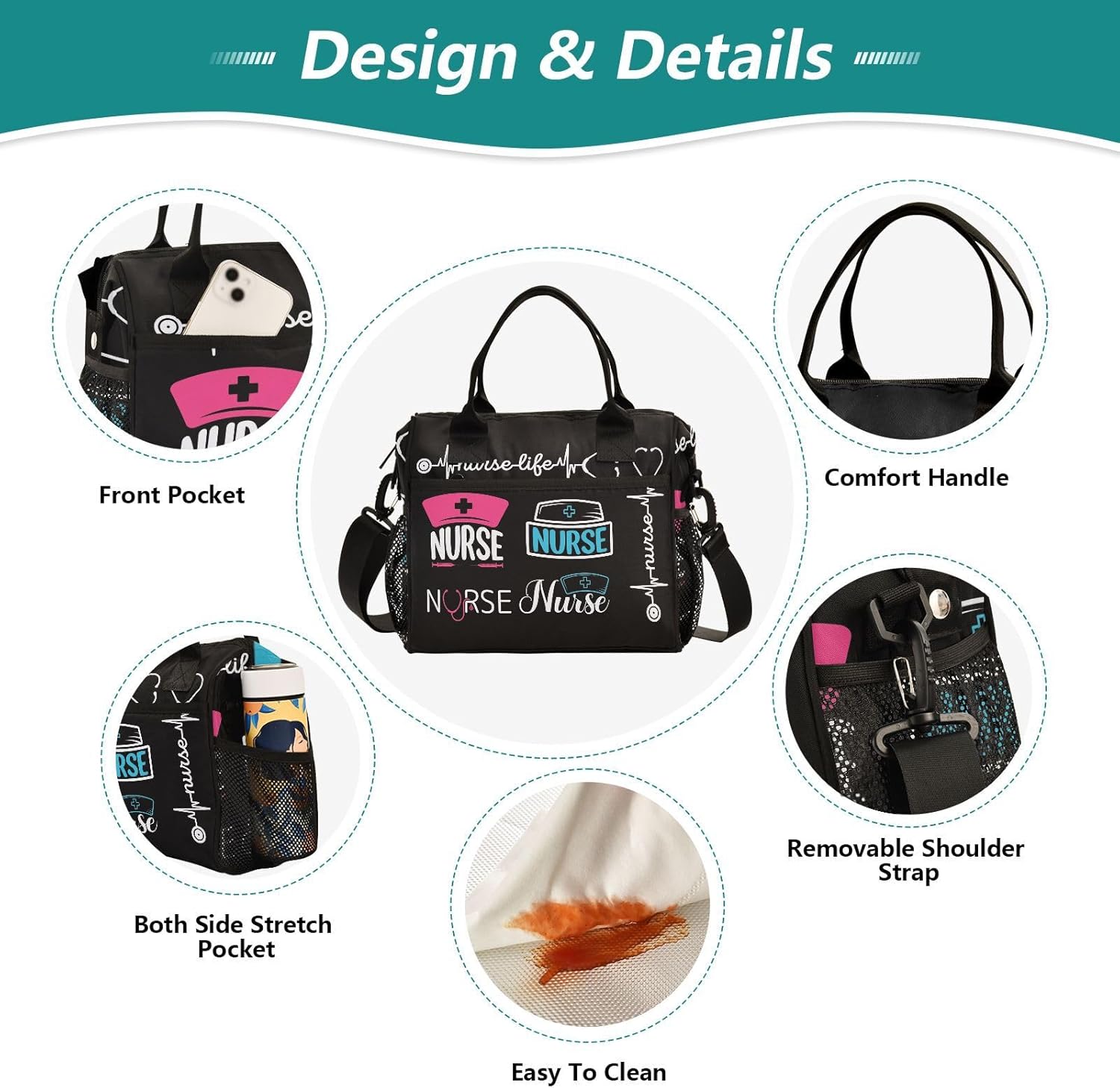 Nurse Pattern Lunch Bag Reusable Lunch Box for Office Picnic Hiking Beach, Insulated Cooler Tote Food Container with Adjustable Shoulder Strap for Men Women Adults