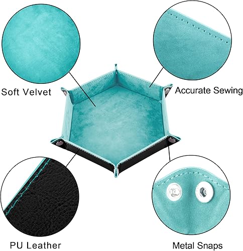 Miniatura 3 de SIQUK Bandeja de dados de piel sintética, plegable, hexagonal, para juegos de dados como RPG, DND y otros juegos de mesa (azul claro, negro)