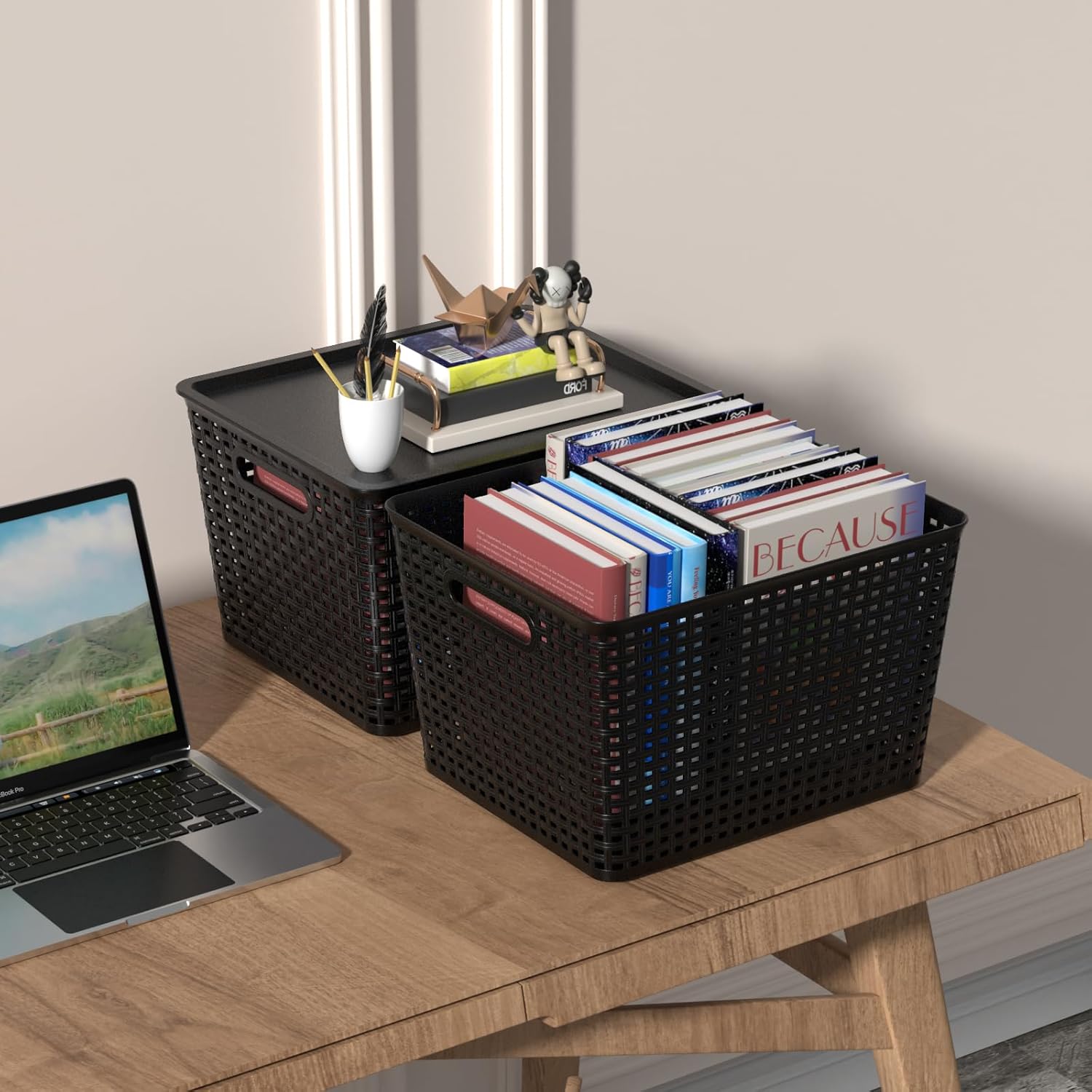 Wekioger 6-Pack Large Plastic Weave Storage Basket with Lid, Lidded Organizer Baskets Bin, Black