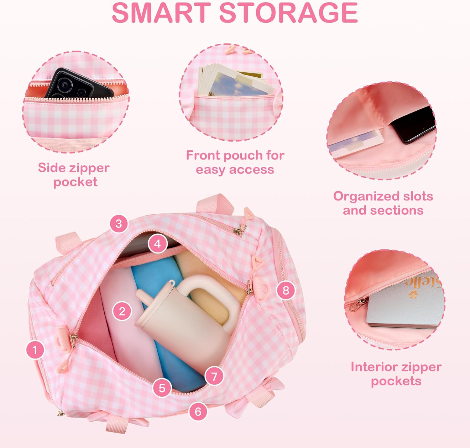 STELLE Dance Bag for Girls Ballet Gymnastics Duffle Bag with Shoe Compartment Kids Sports Dance Tote Bag for Dance Class Travel（Pink Gingham,F）