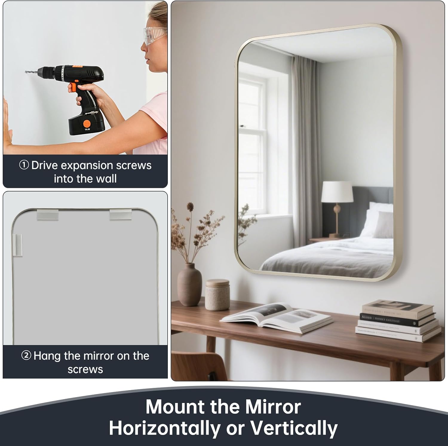 30x36 Inch Brushed Nickel Bathroom Mirror for Wall，Framed Rectangle Mirror with Rounded Corner,Brushed Nickel Mirror for Bedroom or Living Room,Vertical or Horizontall