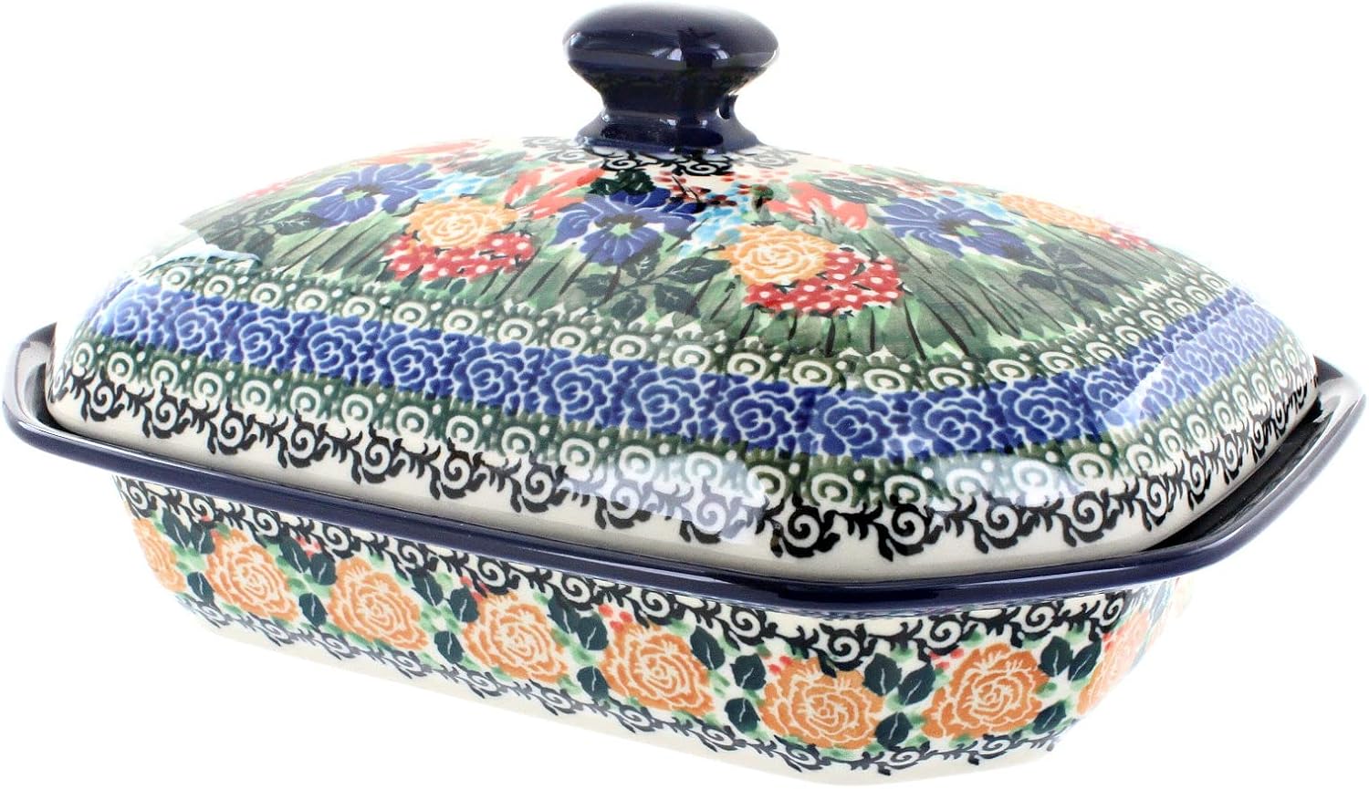 Blue Rose Polish Pottery - Blue Memory Garden Medium Covered Baker - 3 Cup Capcaity - Unique, Dishwasher Safe, & Durable Bakeware