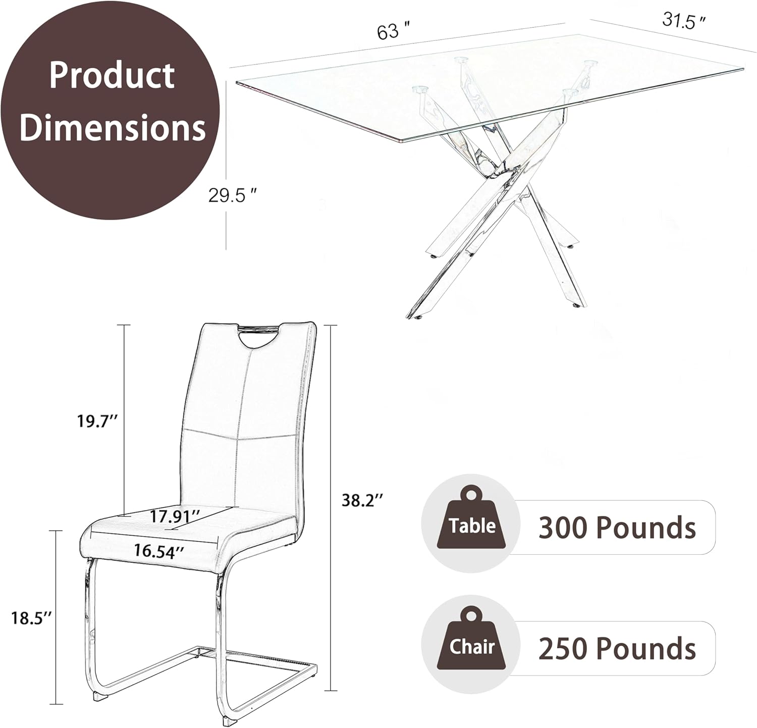 63'' Luxury Dining Table Set for 6, 7 Pieces Modern Rectangular Clear Tempered Glass Top Table and PU Leather Chairs for Large Dining Room, Living Room, Kitchen, Black with Silver Base