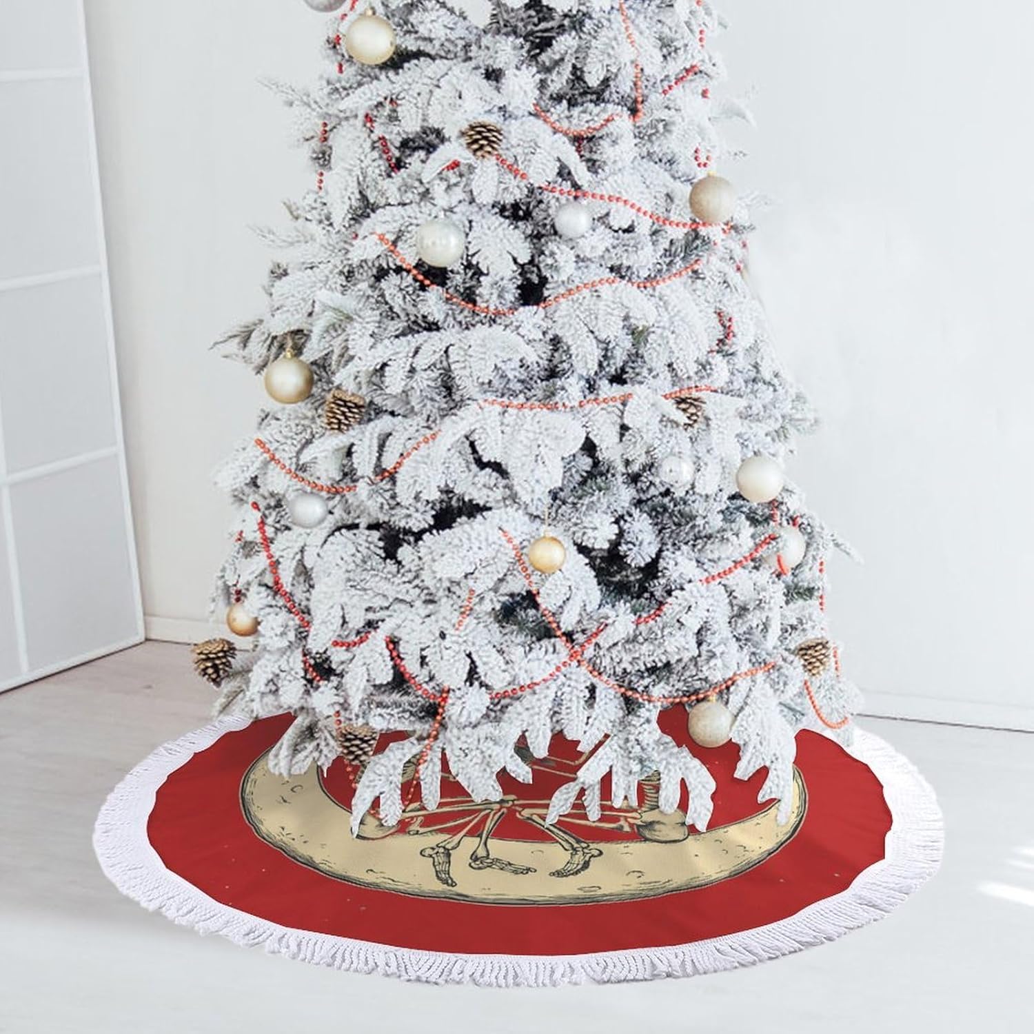 Skull Moon Rose Christmas Tree Skirt Round Xmas Tree Mat Ornaments Tree Skirts with Tassels for Holiday Party