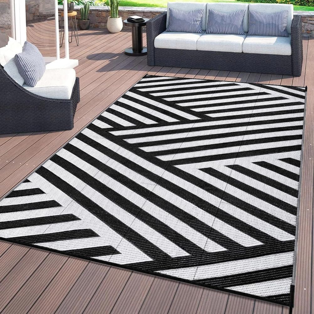 Tapis de Jardin Rayés Noir et Blanc 150x240cm Tapis Exterieur Terrasse Pliable,Tapis Tressé en Paille en Plastique Recyclé,Tapis Extérieur Réversible pour Balcon,Camping,Patio,Plage,Pique-Nique