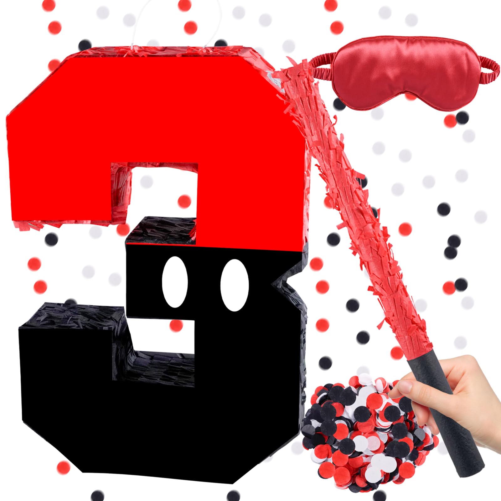 Red & Black Pinata, 15.7 x 11.5 x 3 Inch Number 3 Birthday Pinata with 16 Inch Piñata Stick Blindfold Confetti for 3rd Kids Boys Girls Birthday