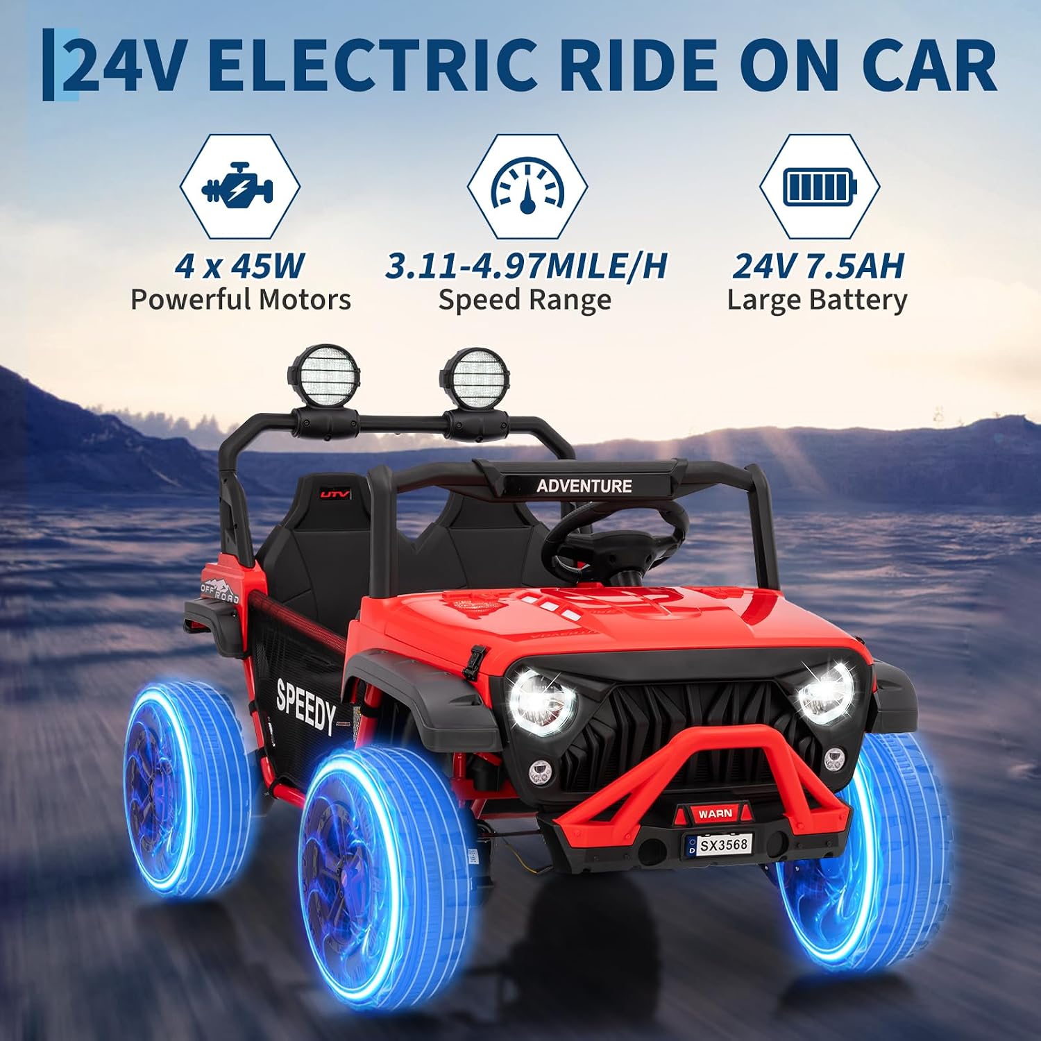 24V Ride on Toys for Big Kids with Remote Control - 4WD Electric Car, 2 Seater UTV, Spring Suspension, Front & Behind LED Lights, Dual Storage, 3 Speeds, Bluetooth Music, Parent Safety Brake