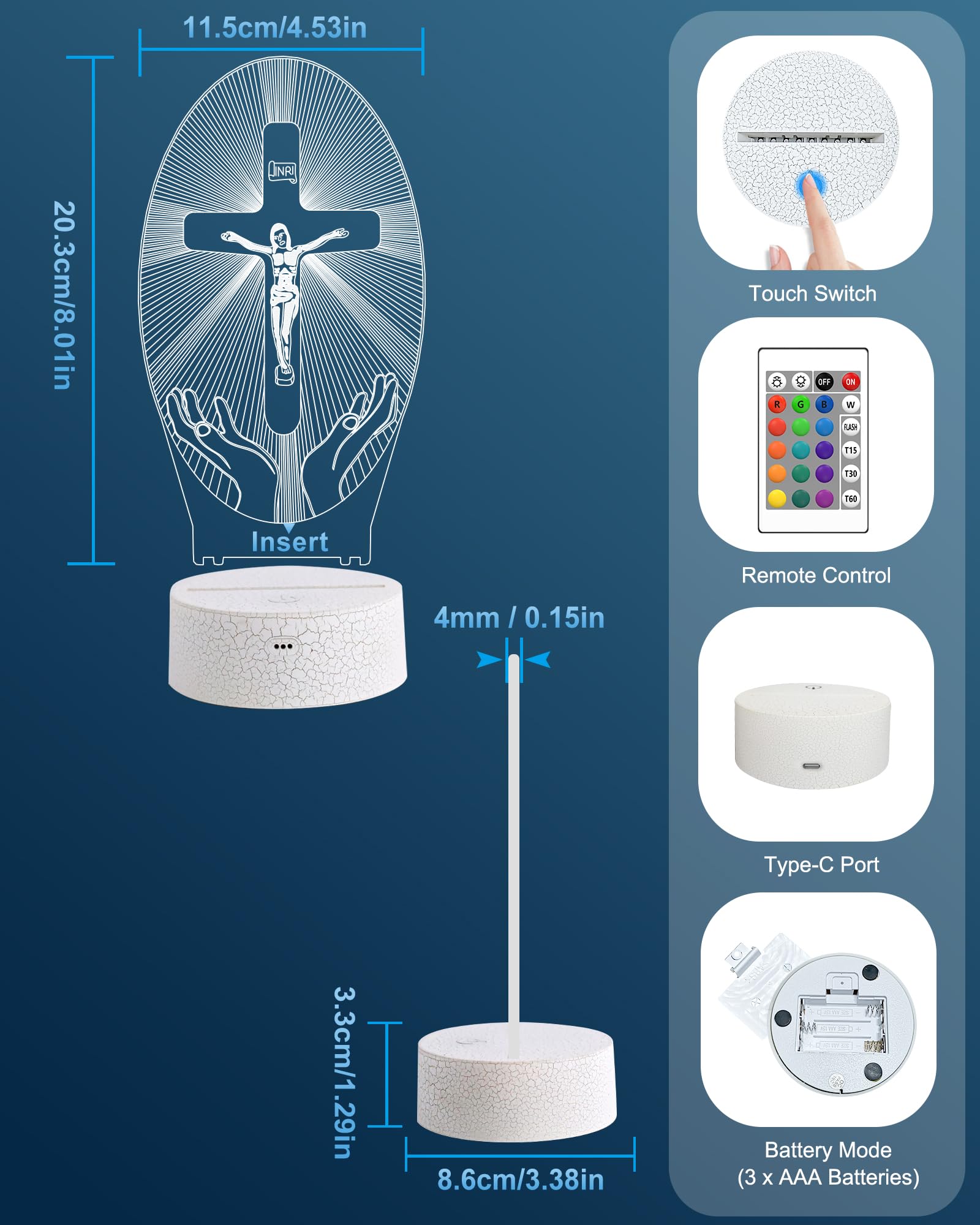 Luce Notturna A Croce 3D Okayera Con Effetto Olografico Di Gesù, LED RGB 16 Colori Con Telecomando, Timer, Alimentazione USB/Batteria, Regalo Religioso Cristiano