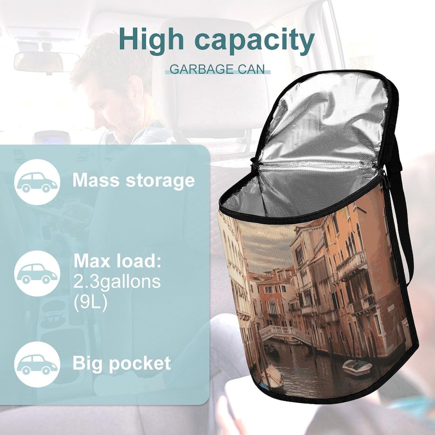 Hanging Car Trash Bag Beautiful Venice Canal View Printed Car Garbage Storage Bag Leakproof Car Trash Can Portable Garbage Storage Bags