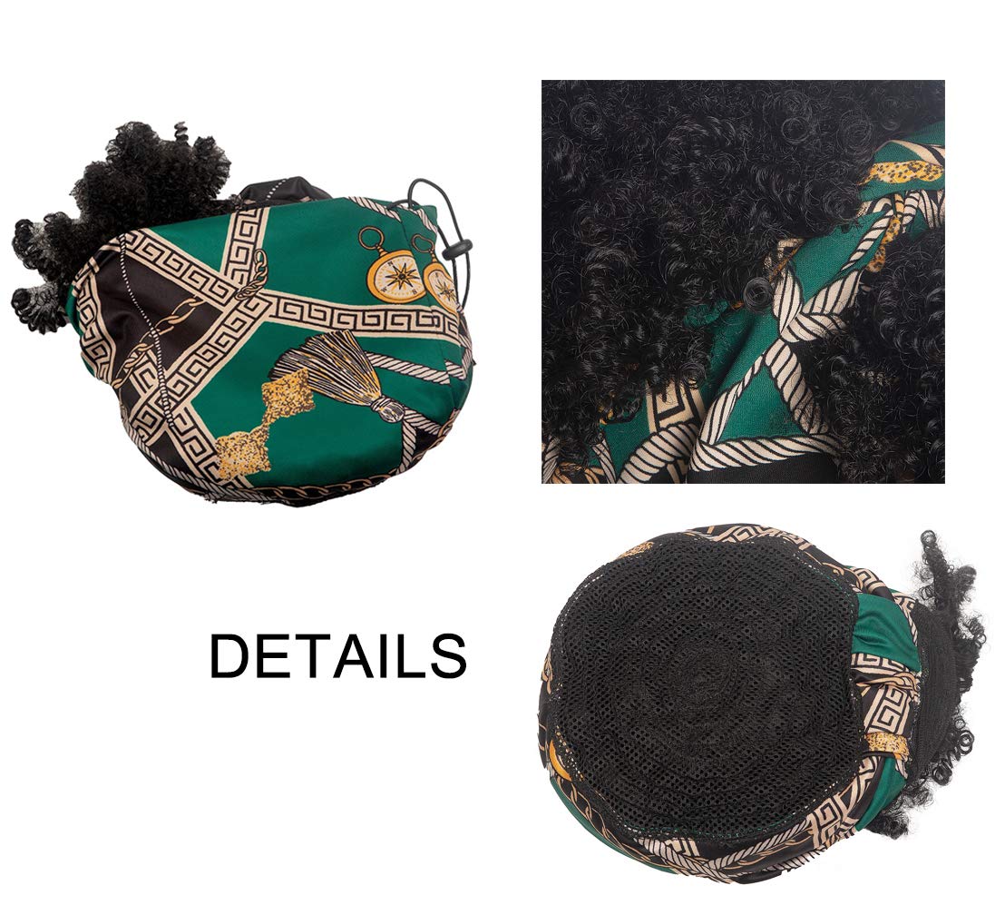 Headband Wig, Headband Wigs for Black Women, Curly Afro Wig Kinky Curly, 2 in 1 Turban Headwrap Wig Drawstring Synthetic High Puff Full Wig (Green Headband Black Wig)