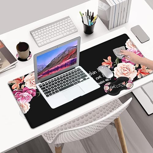 Miniatura 7 de Alfombrilla de escritorio grande extendida para mouse con bordes cosidos (31.5 x 11.8 pulgadas), soporte ergonómico para reposamuñecas, alfombrilla