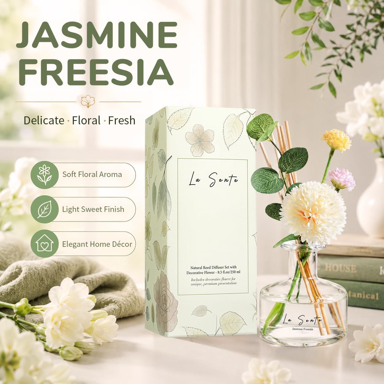 Reed Diffuser Set, Jasmine Freesia Scent, 8.5 fl oz / 250ml