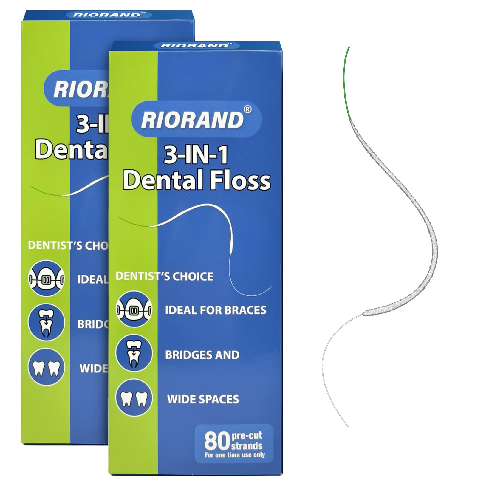 RioRand Dental Floss for Braces, Bridges, and Implants, PTFE & PFAS Free Floss, 80 Pre-Cut Strands(Pack of 2)