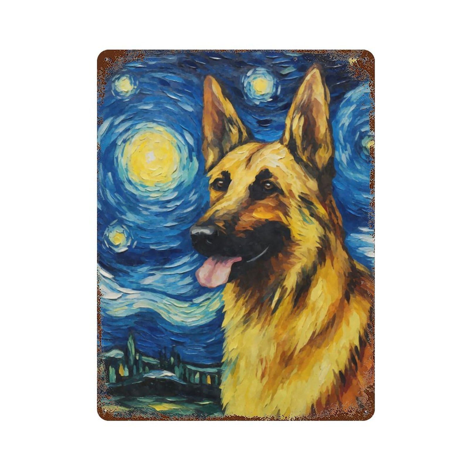 Rust Effect German Shepherd Night Weathered Tin Sign 15.7"x11.8", Shabby Chic Decor for Patio, Garden Room And Bar Decor