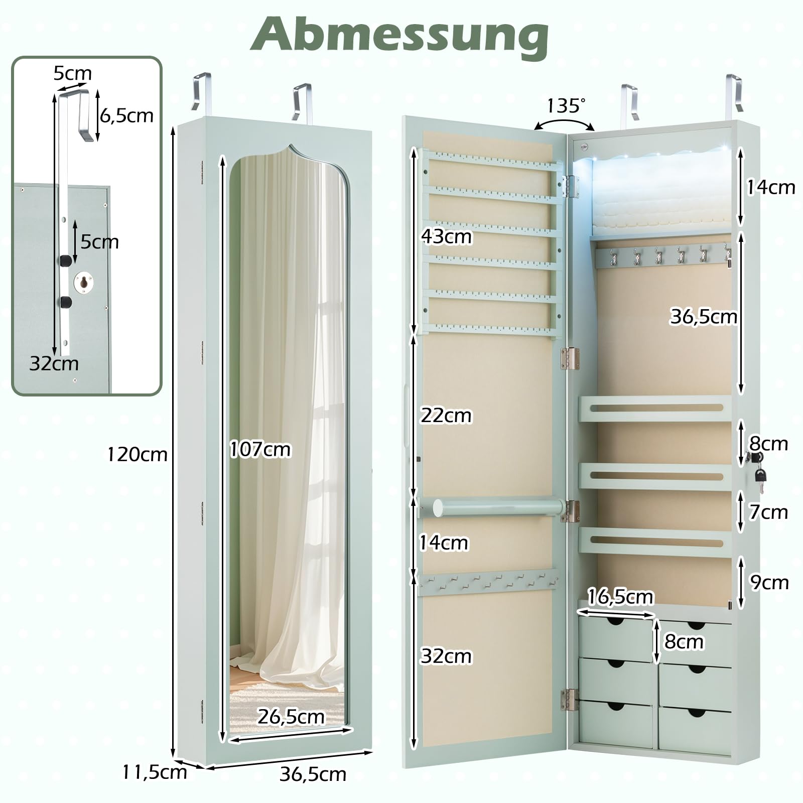 COSTWAY Schmuckschrank mit LED Beleuchtung, 6 Schubladen und Spiegel, Schmuck Sipegelschrank hängend, Hängeschrank für Tür und Wandmontage, abschließbar (Grün)
