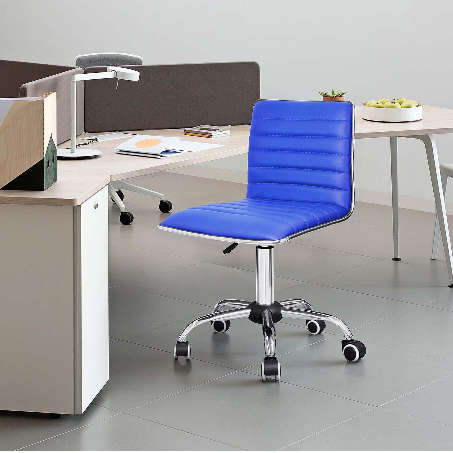 Homall Modern Adjustable Low Back Armless Ribbed Task Chair Office Chair Desk Chair, Vanity Chair Swivel Rolling Leather Computer Chairs Conference Chair (Blue)
