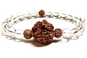 Handmade 5 Mukhi Rudraksha and 8mm Clear Quartz Stretch Bracelet