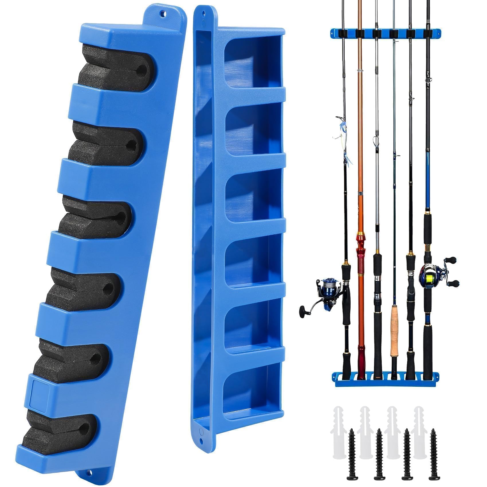 DZrudun Vertical Fishing Rod Holder for Garage Wall Mounted - 6 Rods Fishing Pole Storage Rack with Damage-Free EVA Grip, Interlocking Fishing Pole