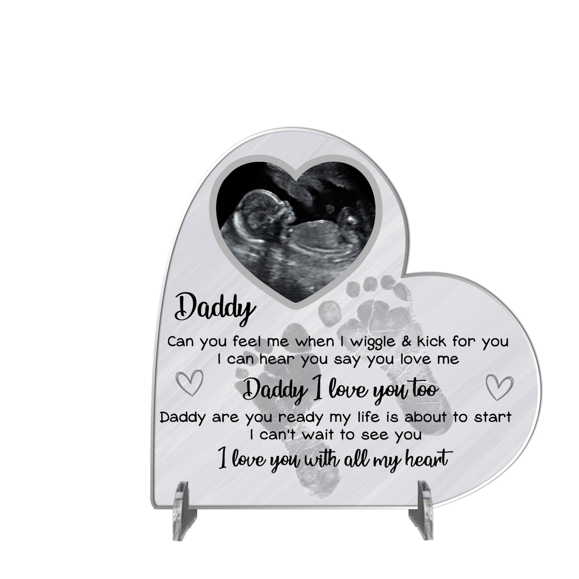 Personalised Heart Plaque - Daddy Gift from Bump | Baby Scan Photo Frame | Handmade Baby Bump Gift | Father's Day Present (Acrylic 19cm x 19cm, Grey)