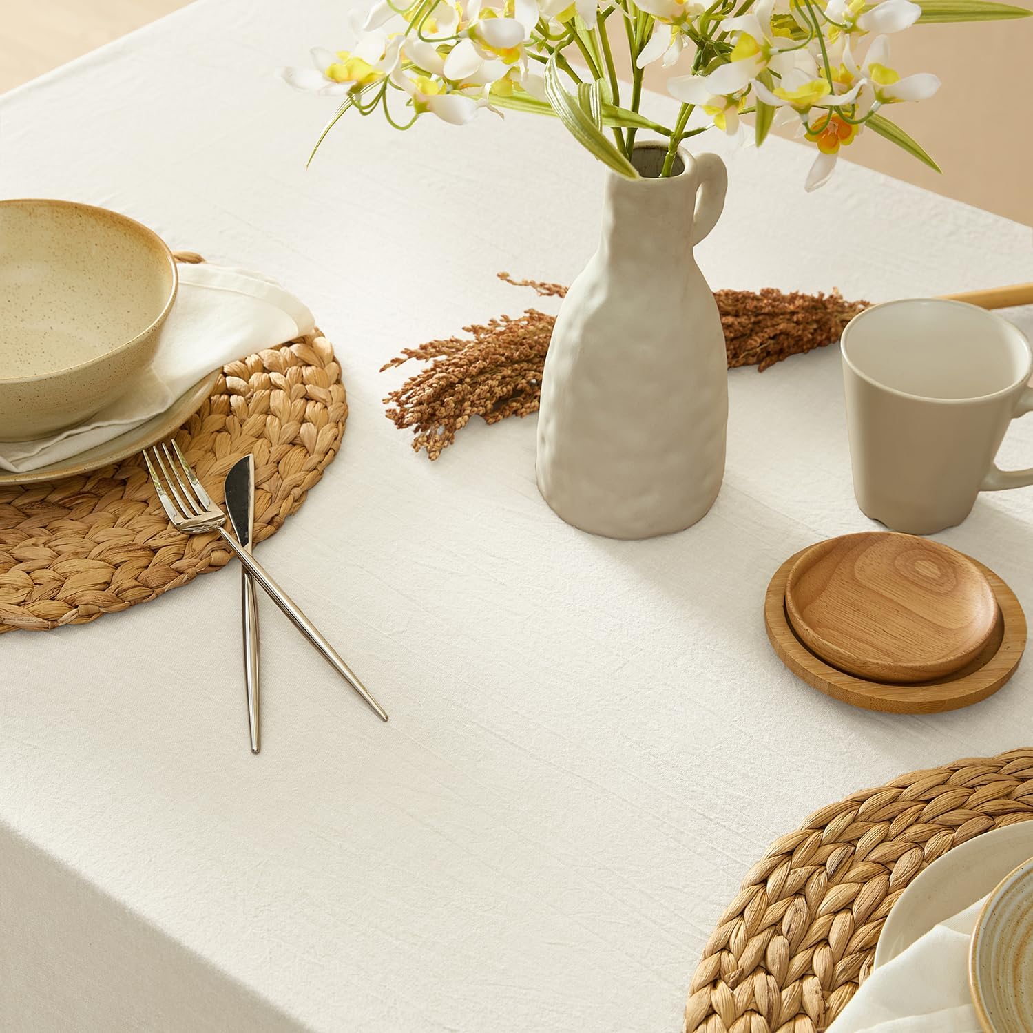 MONDAY MOOSE Ruffle Farmhouse Rustic Rectangle Natural Stonewashed Cotton Tablecloth for Kitchen, Dining Room, Restaurant (60x120 inch, White)