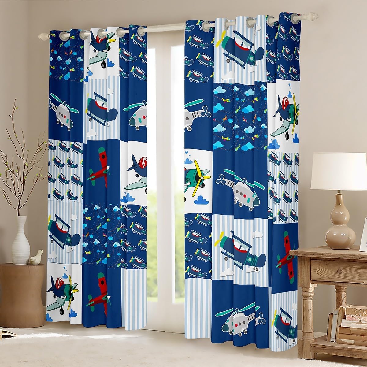 Kids Cartoon Aircraft Curtains for Bedroom Living Room (2 Panels, 52 x 63 Inch) Airplane Print Darkening Dreapes Decor Aircraft Flying Blackout Curtains Helicopter Flying Plane Window Treatments