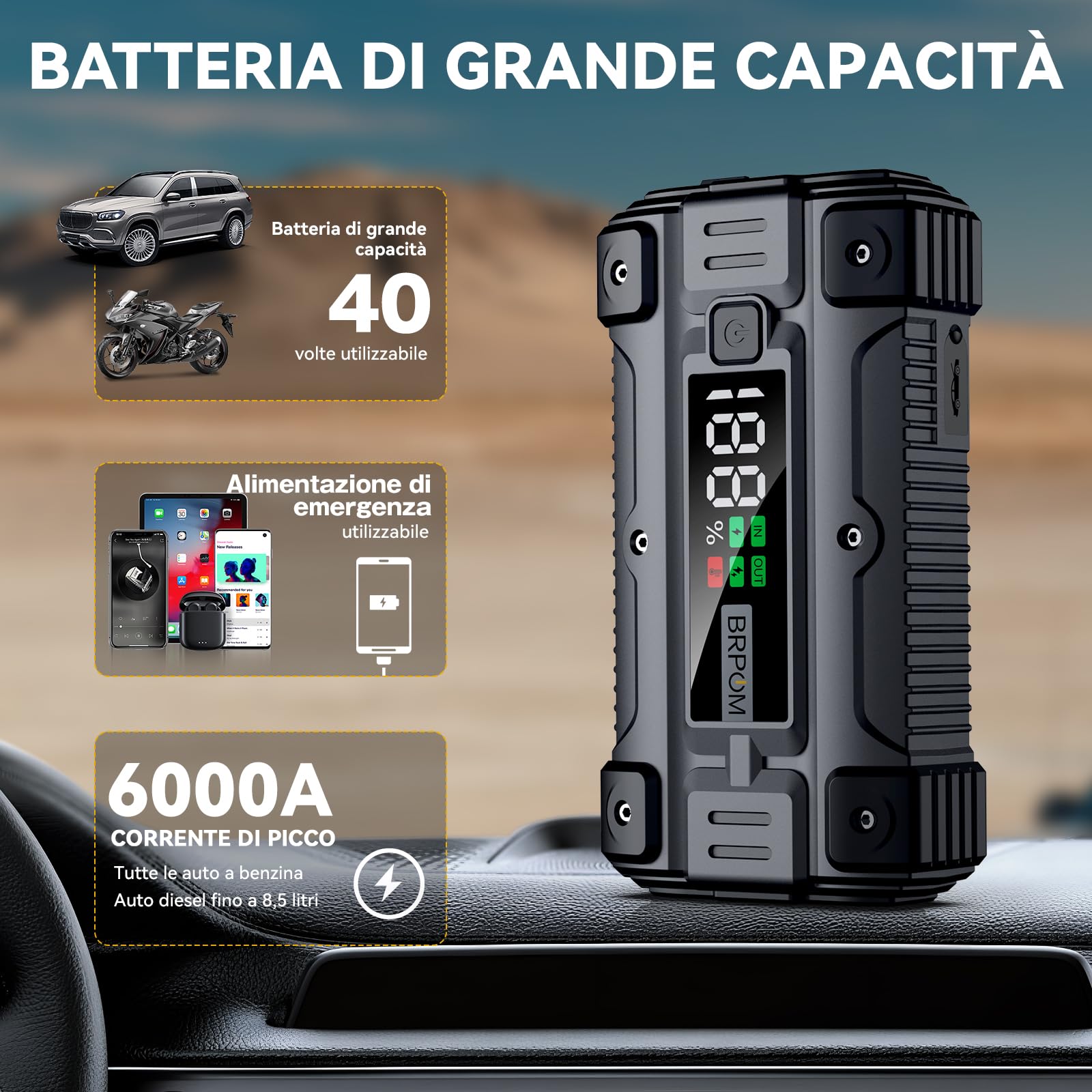 BRPOM Avviatore Batteria Auto, 6000A 26800mAh Avviatore di Emergenza per Auto/Moto, (Motori Fino a ALL Gas o 8.5L Diesel) Booster Avviamento Auto con Torcia a LED&USB Quick Charge 3.0