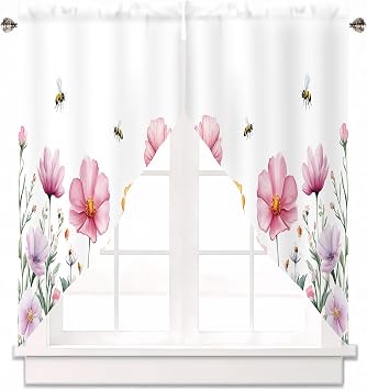 Spring Wildflowers Bees Pink Floral Swag Curtain Valance for Windows,Black Gray Window Treatments Short Swag Topper for Kitchen Windows Bathroom Bedroom,28 x 36 Inch, 1 Pair