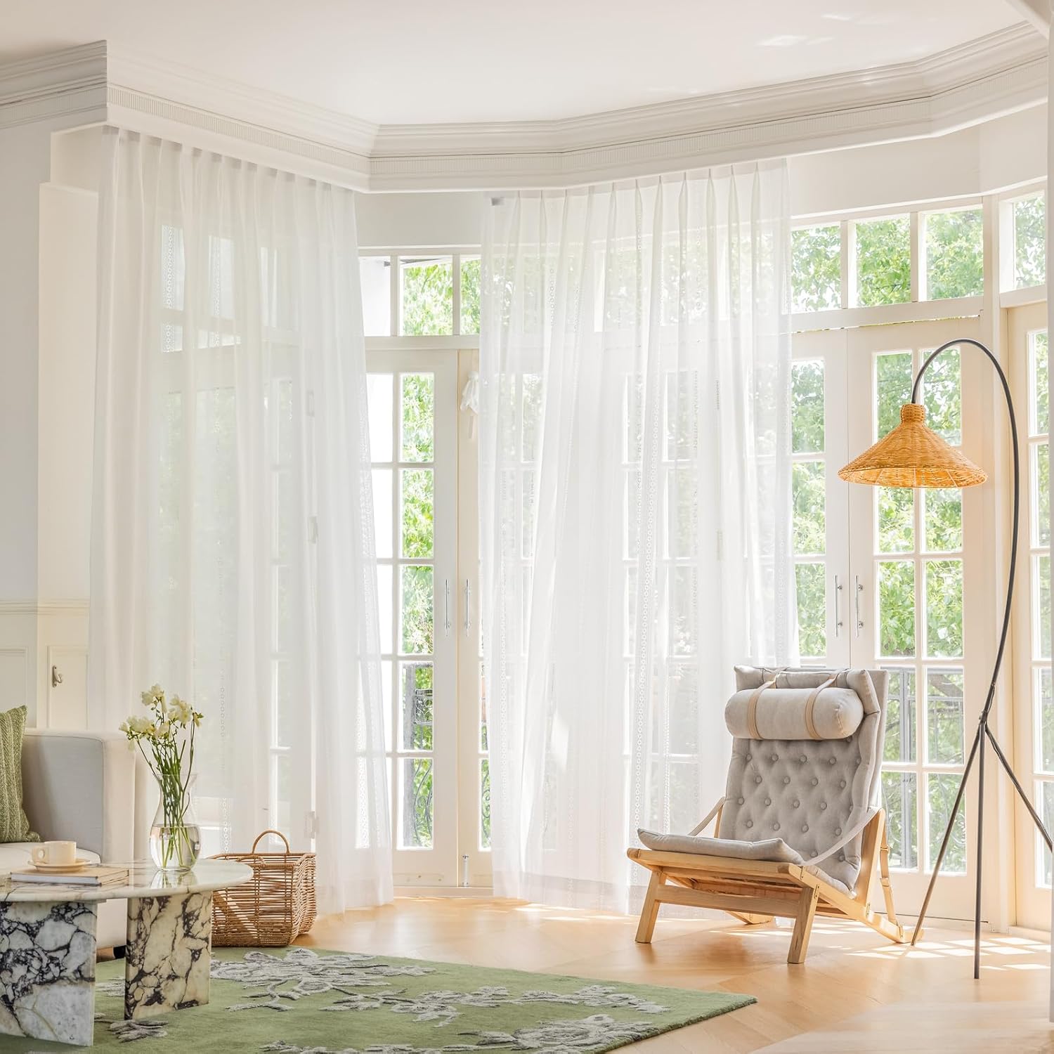 LETAU Sheer Off White Curtains 96 inches Long, Pinch Pleated Lace Stripe Window Sheer Curtains Panels Drapery, 52" W x 96" L, 2 Panels