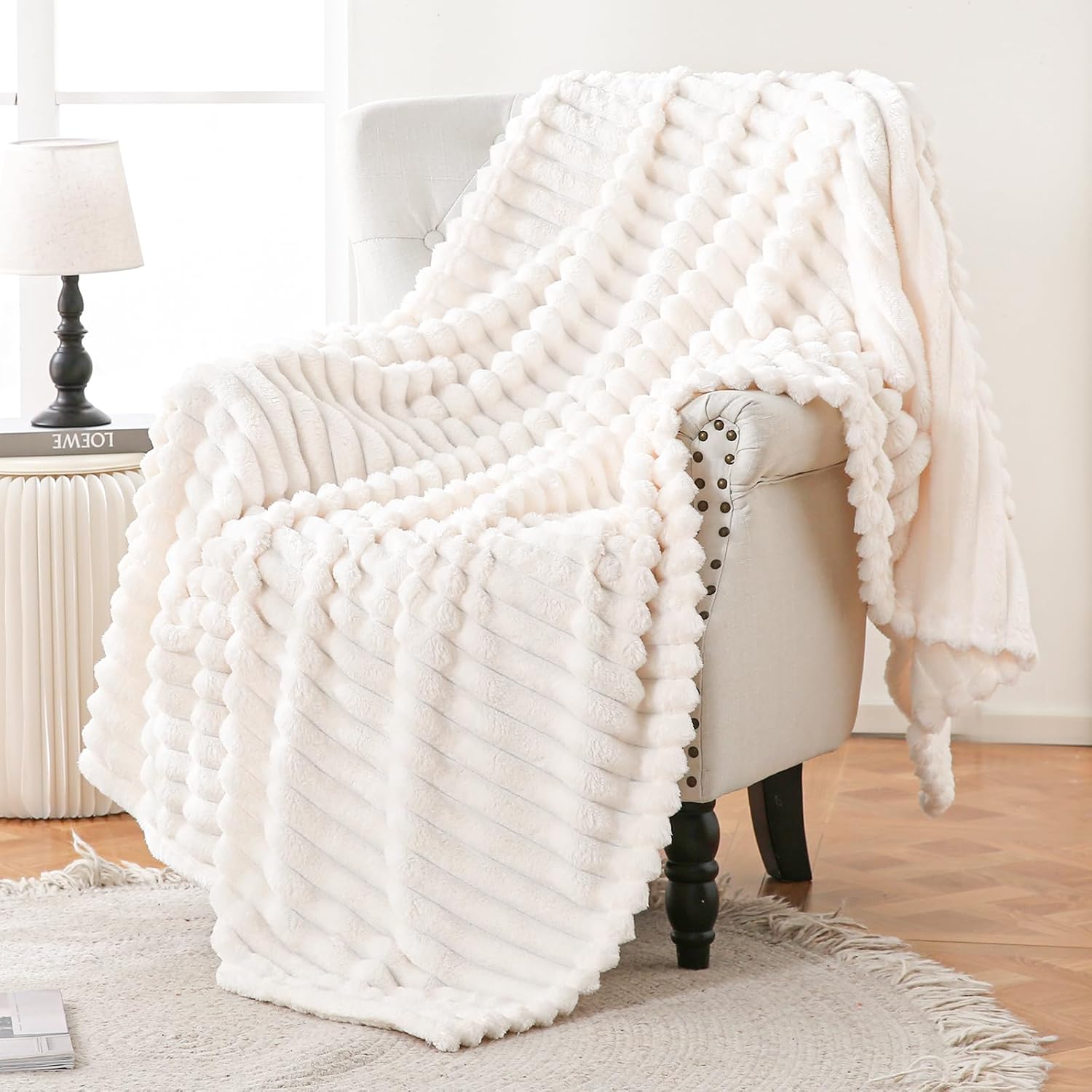 Bnuitland Super Soft Flannel Throw Blanket, 3D Striped Jacquard Fluffy Blanket for Bed,Sofa,Couch,Home Decor, 300GSM Fleece Lightweight Cozy Blanket for Adults and Kids, 60X80 inches Ivory