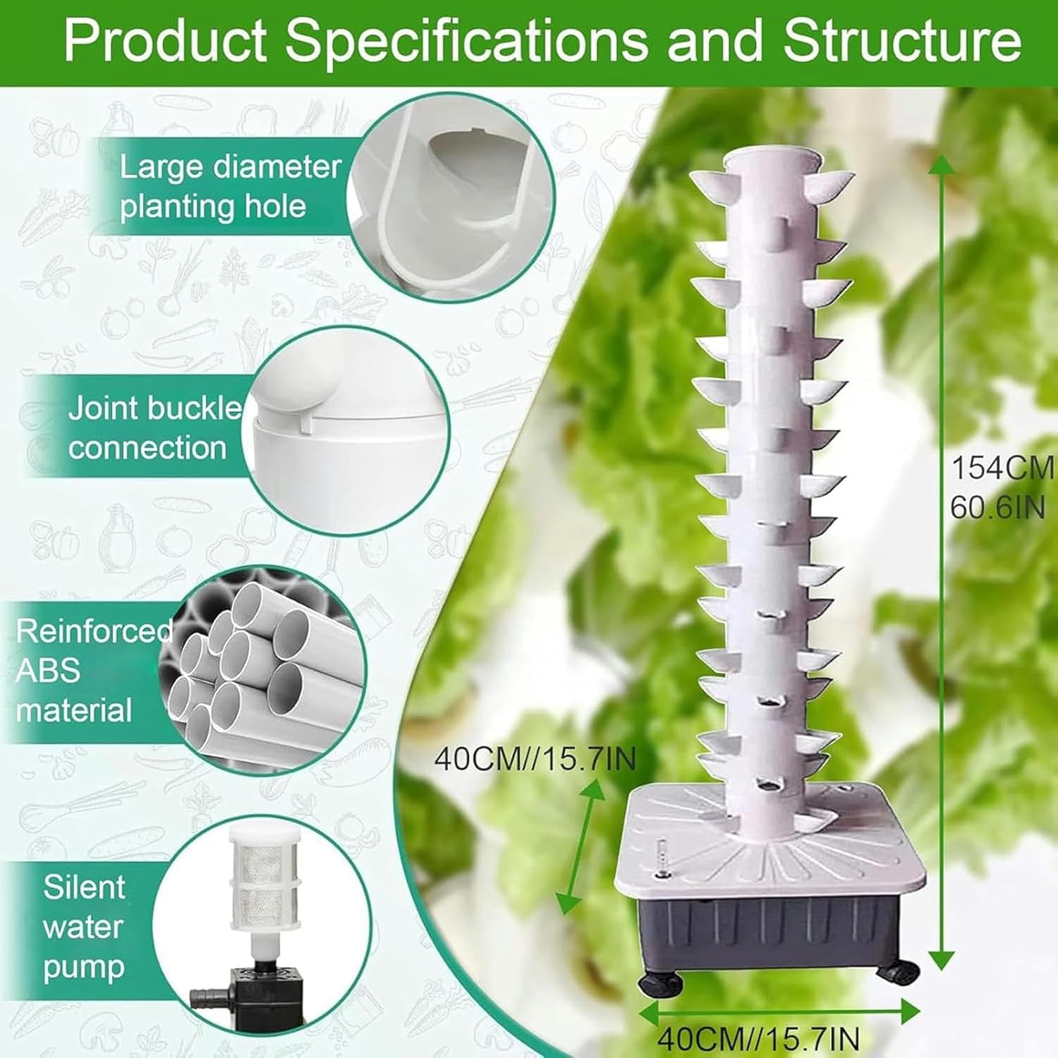 AMNOOL Vertical hydroponic Indoor self-Watering Planting, soilless Cultivation Planting Tower, aeroponic Planting kit with moisturizing Pump, 45-Hole hydroponic Planting Tower