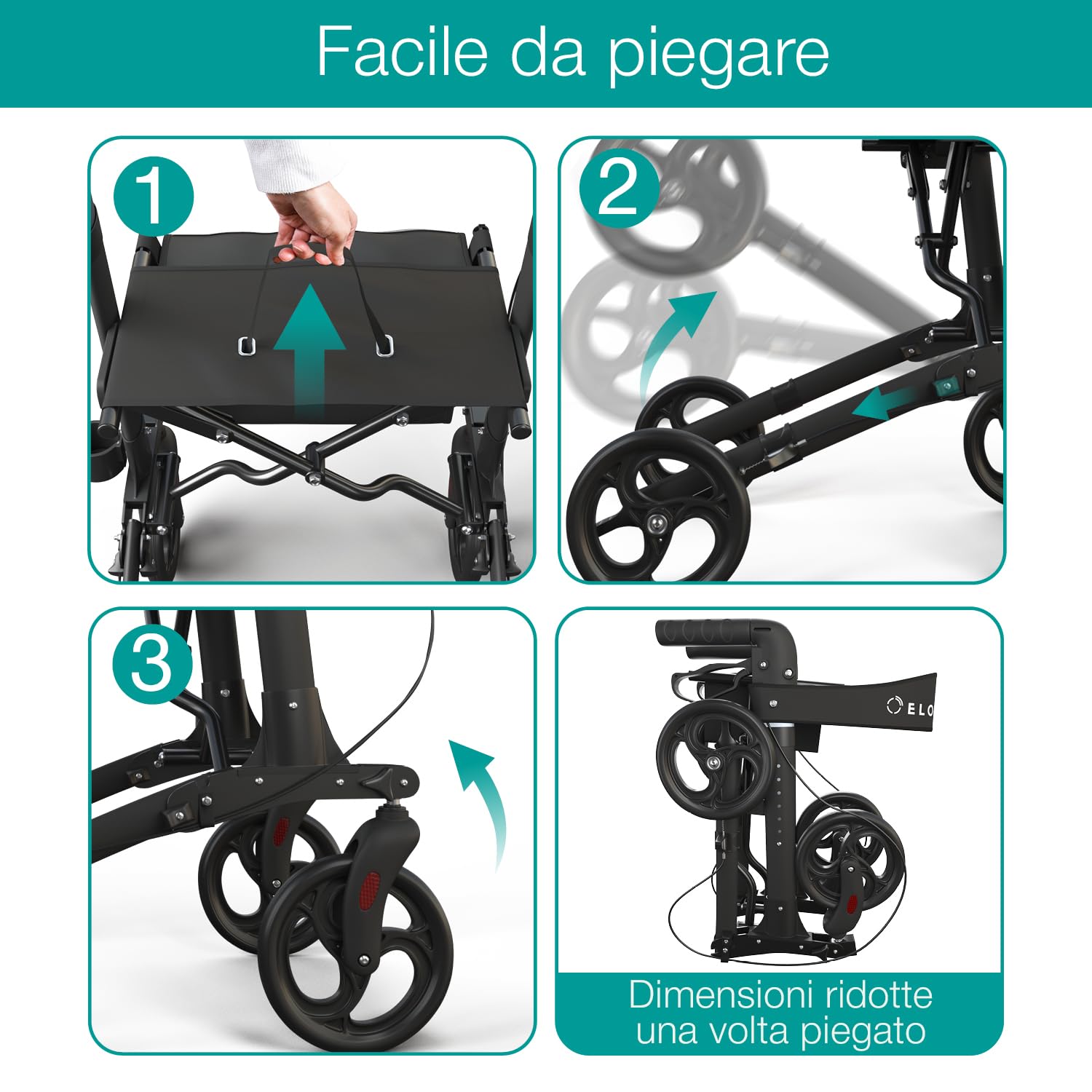 ELONEO Deambulatore con Seduta - Girello per Anziani con 4 Ruote Leggero, in Alluminio, 8 Altezze Regolabili, Deambulatore Pieghevole con Borsa e Porta Ombrello, Adatto all'Auto (Nero)