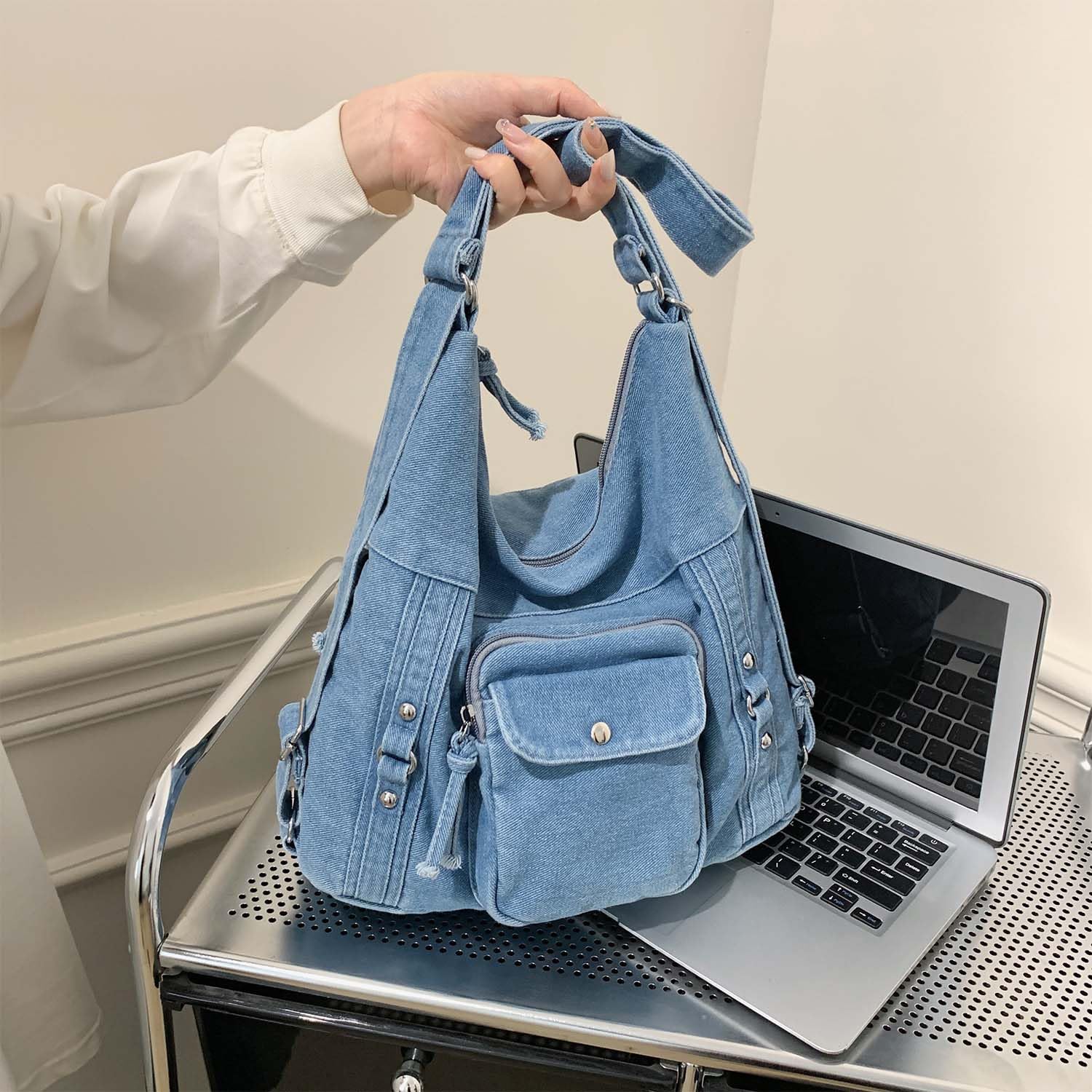 Borsa hobo da donna in denim, borsa a tracolla multidirezionale borsa a