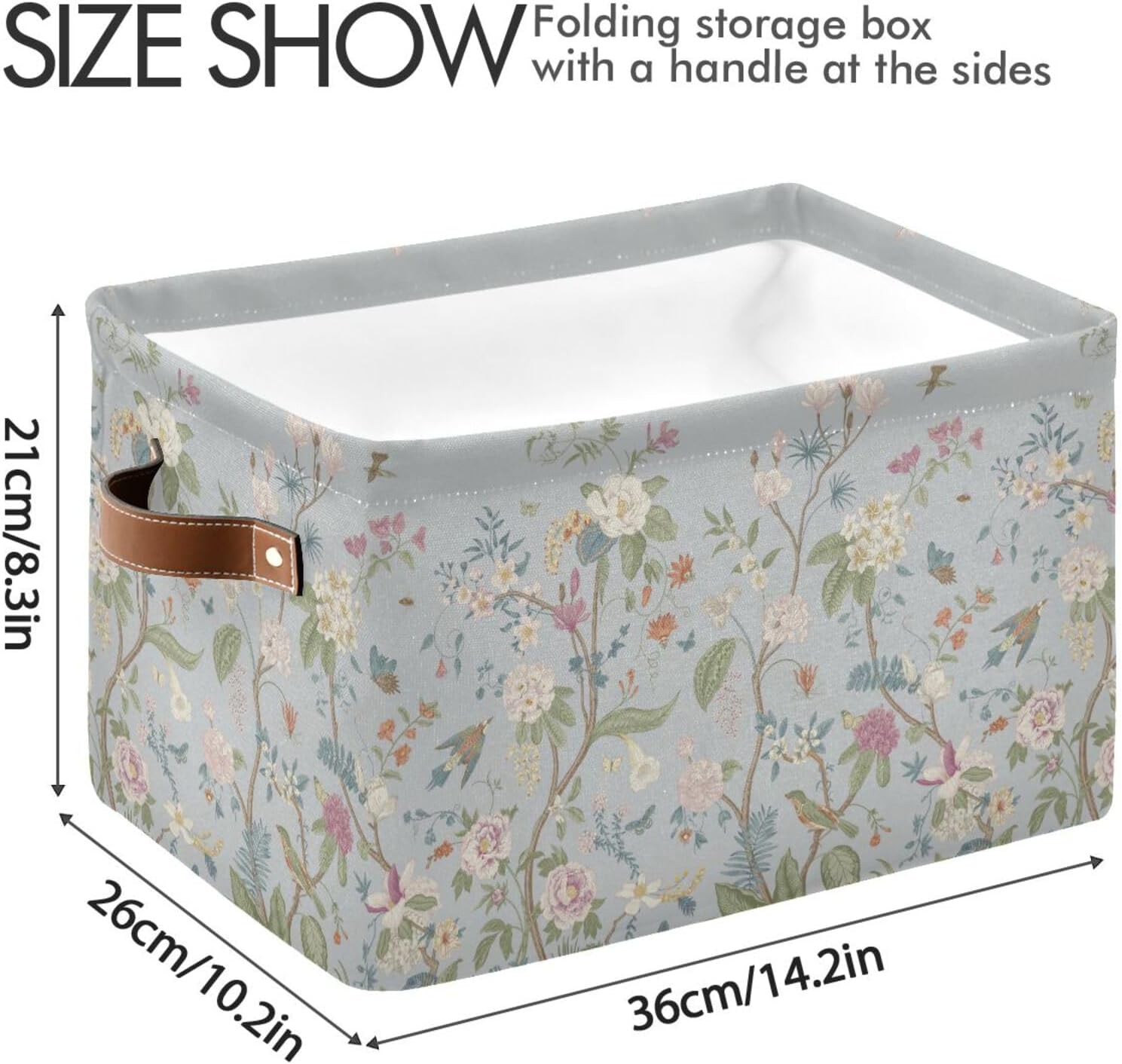 Wamika Vintage Floral Leaves Bloom Gray Storage Basket Fabric Kitchen Baskets Pastel Colors Spring Flowers Birds Open Home Storage Bins Boxes Foldable Organizer Bag for Toy Book Shelf 16×12×8 Inches