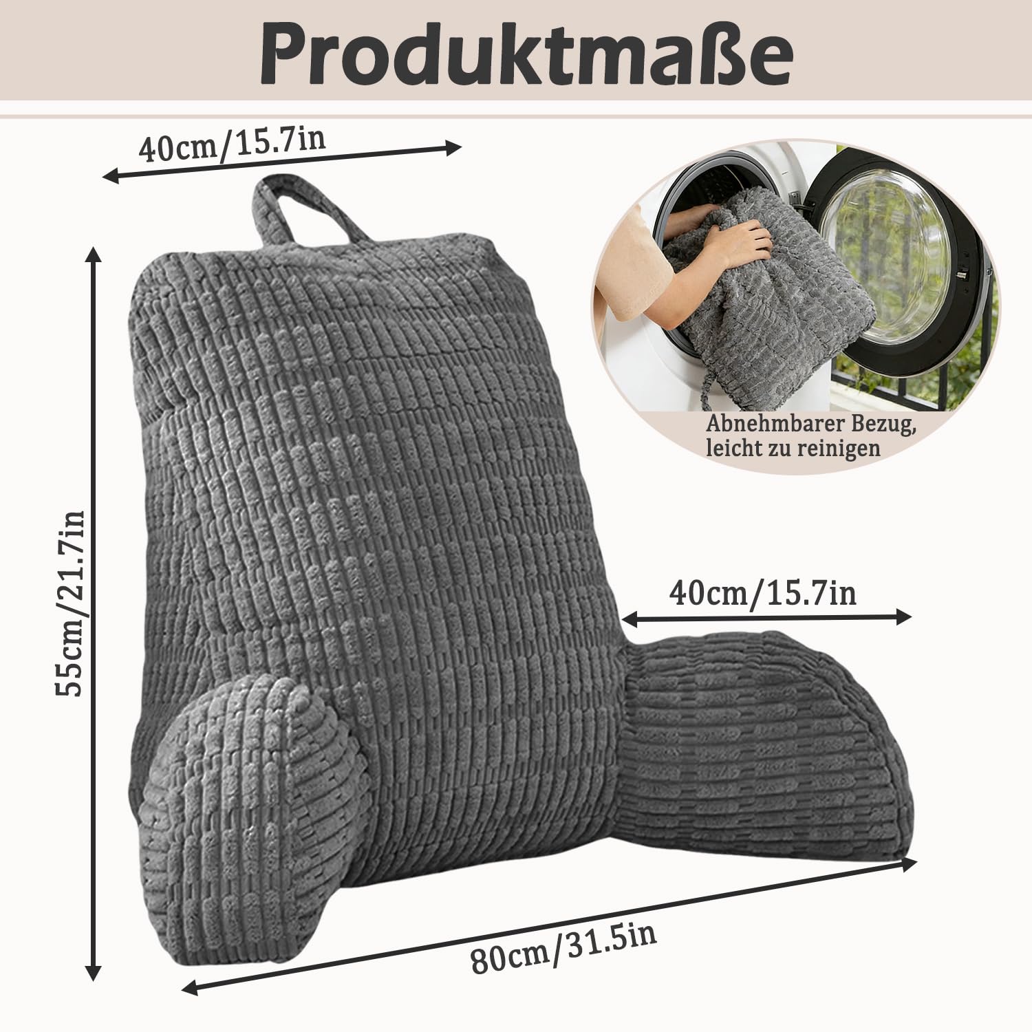 Lesekissen für Bett Und Sofa, Rückenkissen Sofa für Erwachsene mit Armlehne, RückenstüTze Abnehmbar und Waschbar, Rückenlehne zum Lesen mit Tasche für Bett, Couch, Boden, Stuhl (Dunkelgrau)