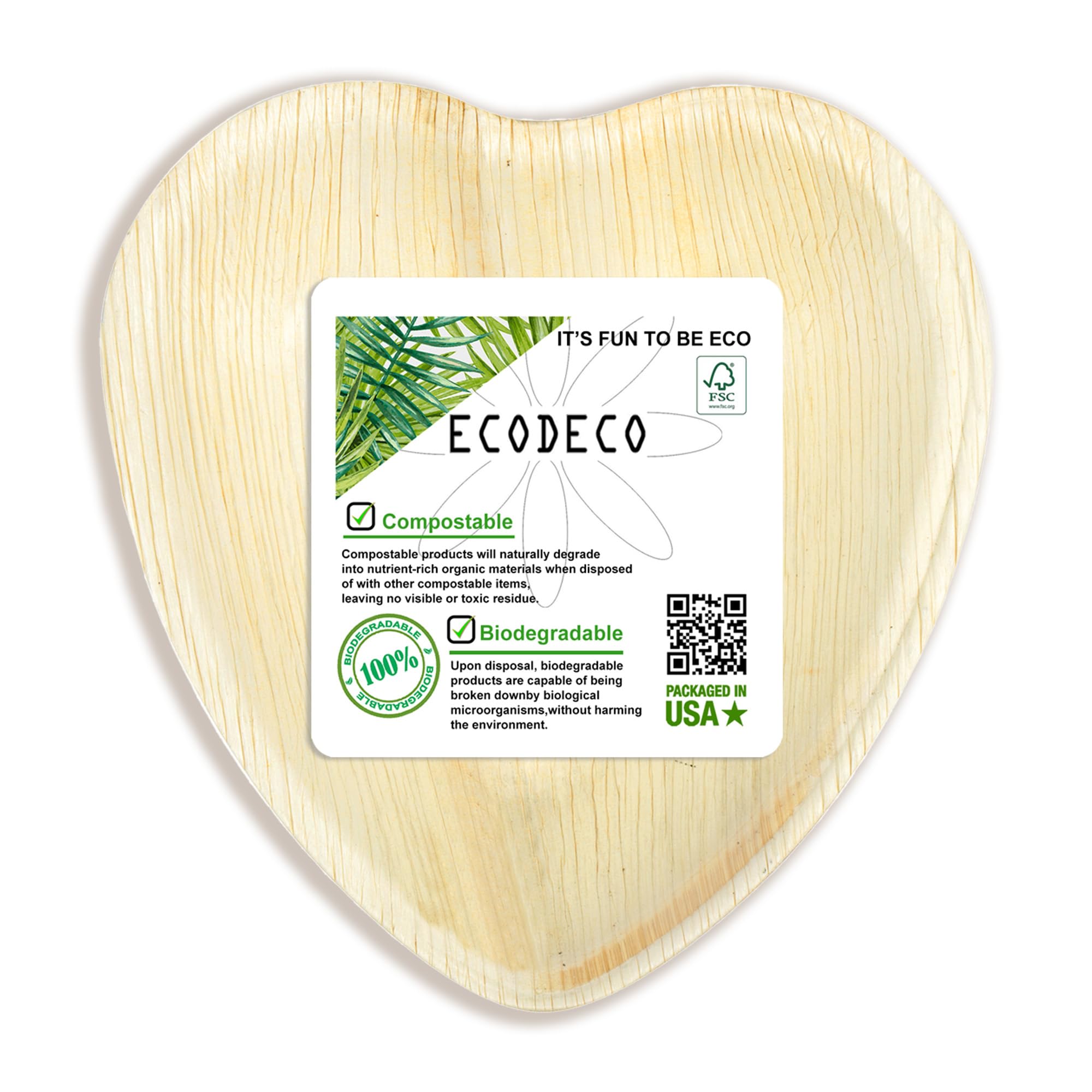 ECODECO 10 Heart Shaped Palm Leaf Disposable Plates - 6.5 Inch - Compostable Eco Friendly Small Party Supplies for Cake Dessert