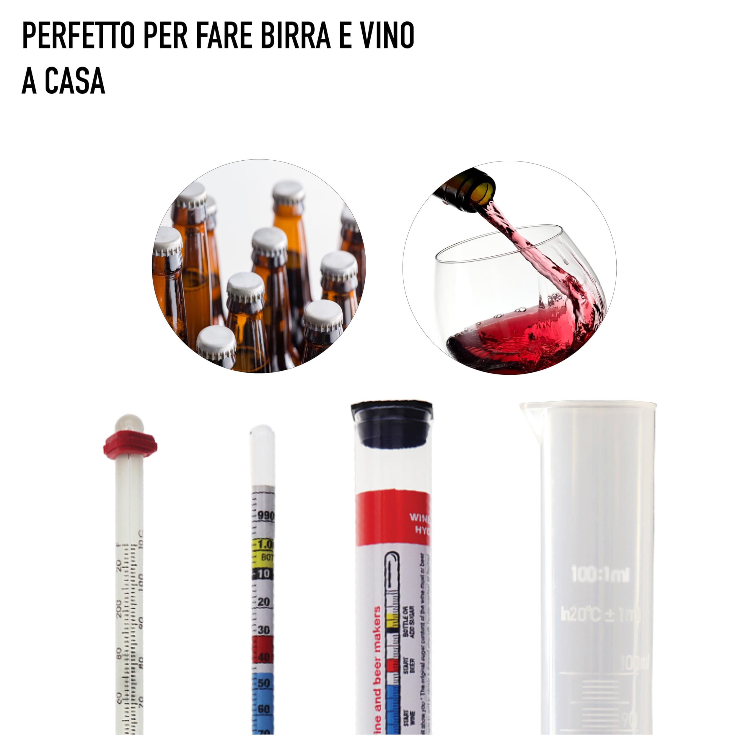 Attrezzatura per la produzione di birra e vino - idrometro, termometro e cilindro graduato da 100 ml