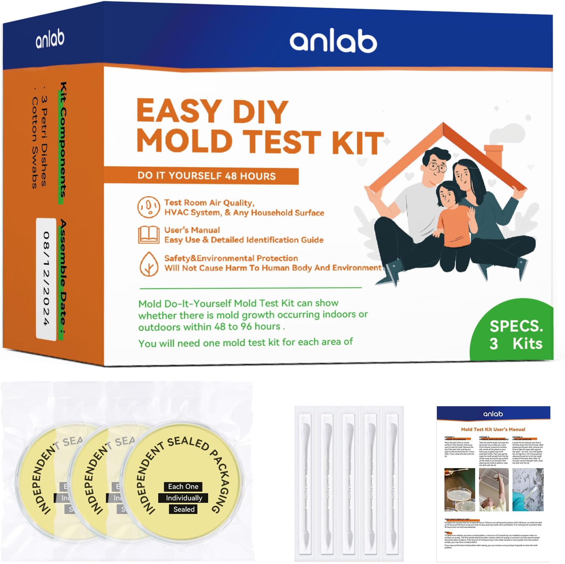 Mold Test Kit for Home - Do It Yourself Home Mold Detector | Test HVAC System | Home Surfaces | Indoor Air Quality Testing Kit - Identification Guide Included - Sealed Separately (Items of 3)
