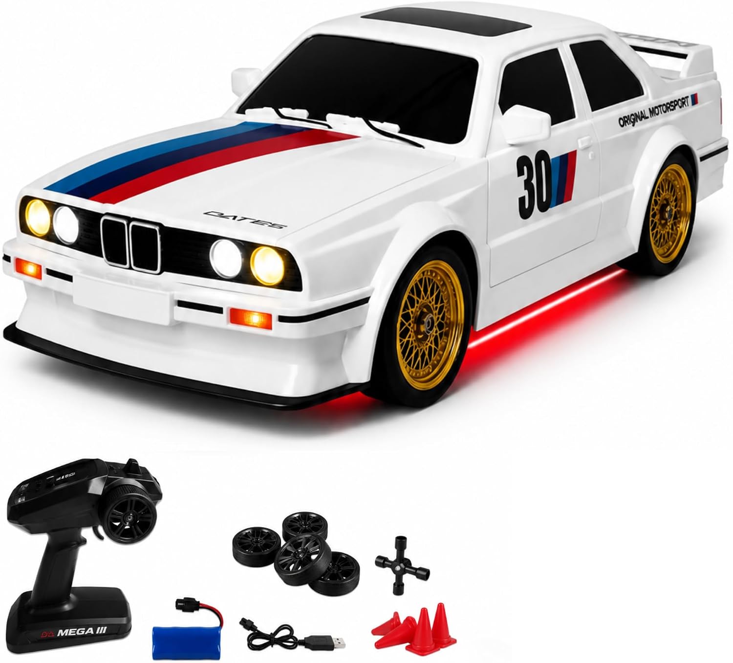 Uzaktan Kumandalı Retro Drift Arabası Retro Efsane Kasa 30 KM/H Sürat Yapabilen 4x4 Şarjlı Hız Ayarlı LED Işıklı 7 Farklı Renk 2 Farklı Mod (Beyaz)