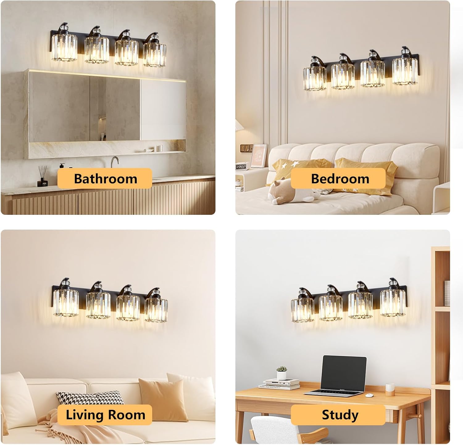 4-Light Black Bathroom Light Fixture Modern Vanity Lights Over Mirror Vintage Wall Sconce Lighting for Bathroom, Bedroom, Living Room, Hallway E26 Base with Crystal Bathroom Vanity Light