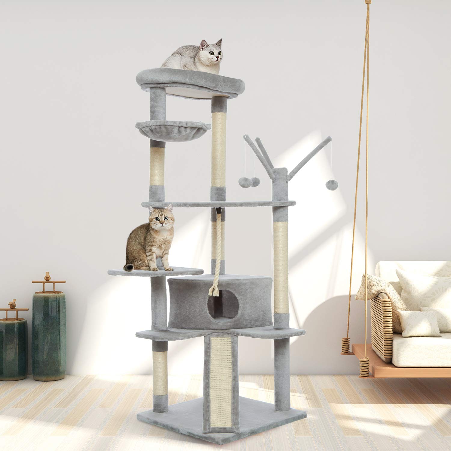 Meerveil Kattenboom kattentoren 167 cm voor grote katten, kattenklimboom met kattenactiviteitenplatformen, 3 pompons, 1 appartementen, mand en sisal- krabpalen, donkergrijs Meerveil Kattenboom kattentoren 167 cm voor grote katten, kattenklimboom met kattenactiviteitenplatformen, 3 pompons, 1 appartementen, mand en sisal- krabpalen, donkergrijs