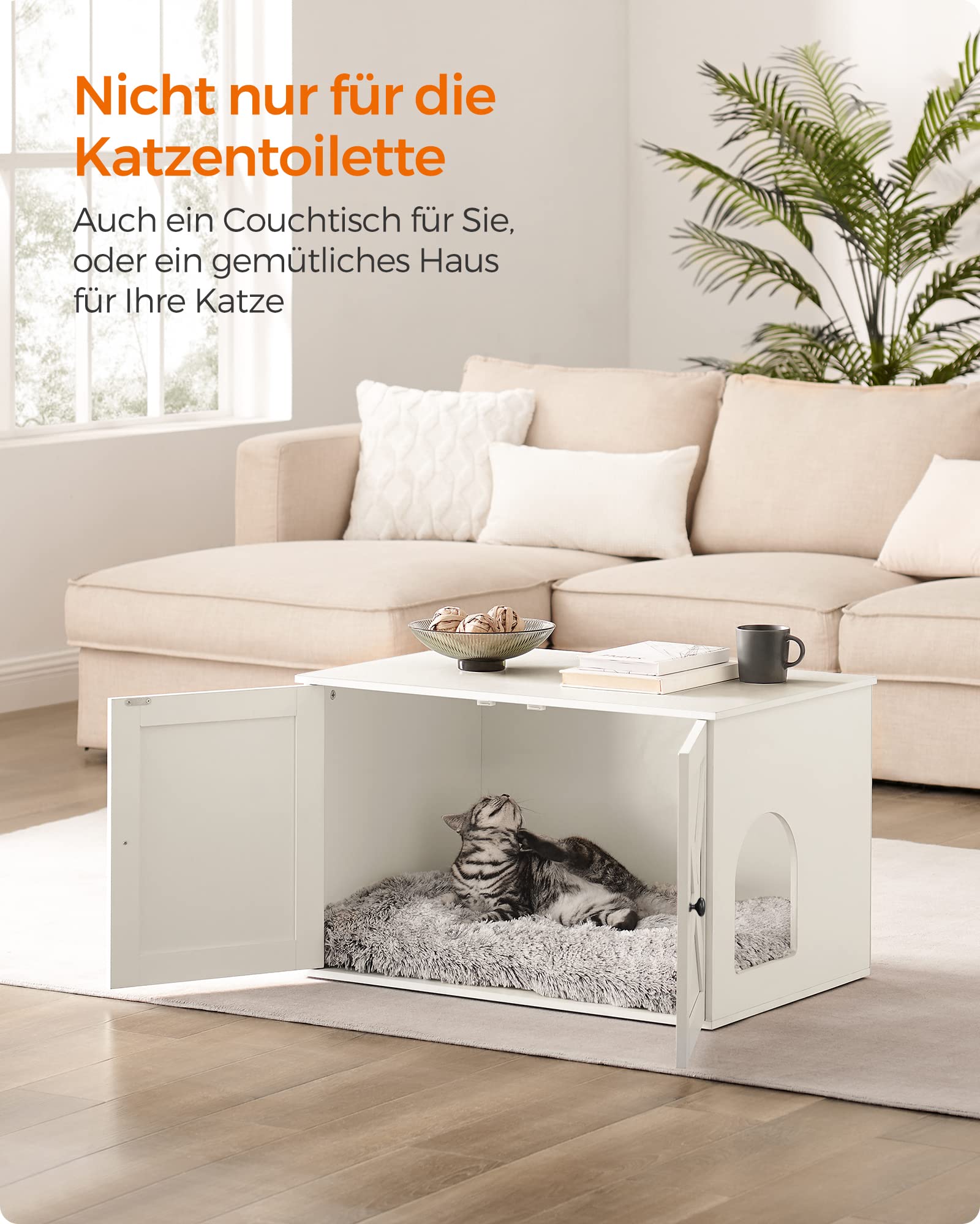 Feandrea Katzenhaus, Katzenklo-Schrank mit herausnehmbarer Trennwand, Tisch, 80 x 53 x 50 cm, weiß PCL002W01