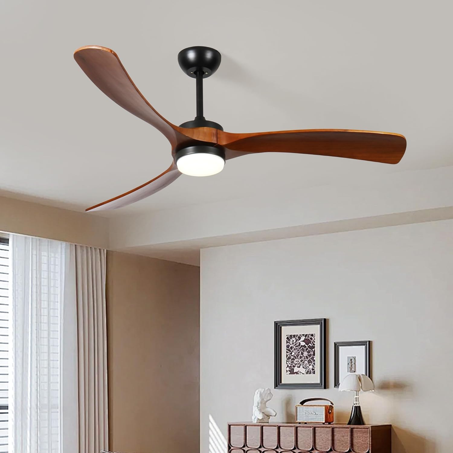 52" 3 Solid Wood Leaf Ceiling Fan Lights, 5 Speeds, Remote Control, Living Room, Natural Wood Grain, Reversible Motor
