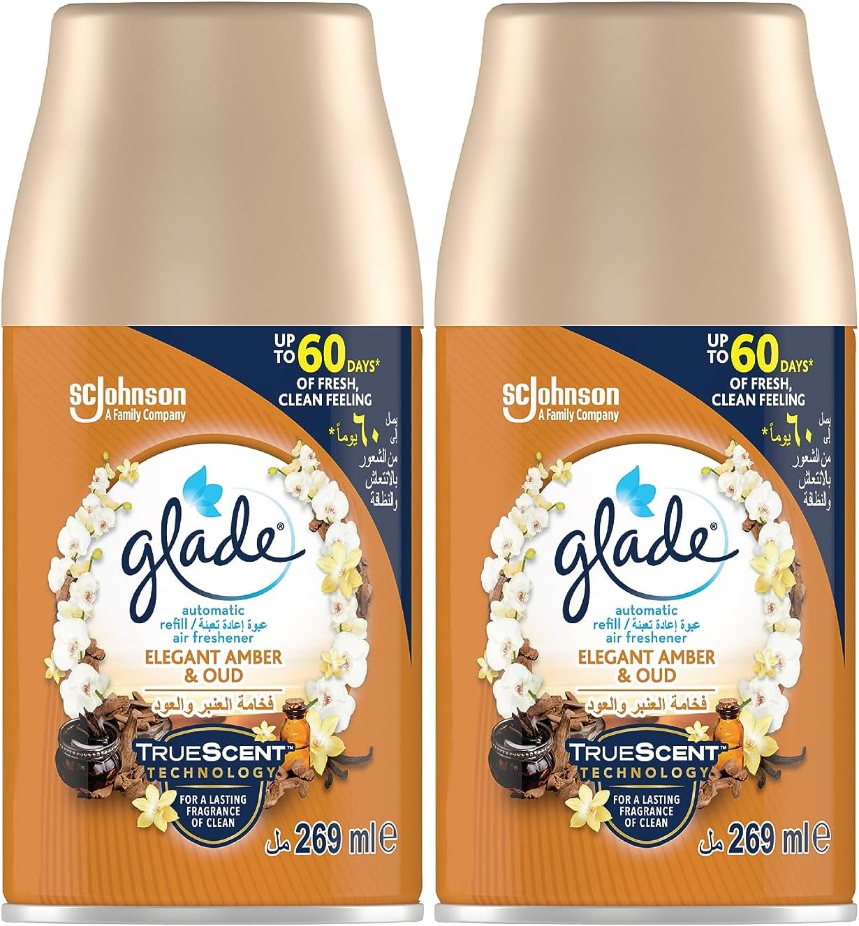 Glade Automatic Spray Refill Elegant Amber & Oud Air Freshener, Odour Eliminator For Up To 60 Days Of Automatic Freshness, 2 x 269ml