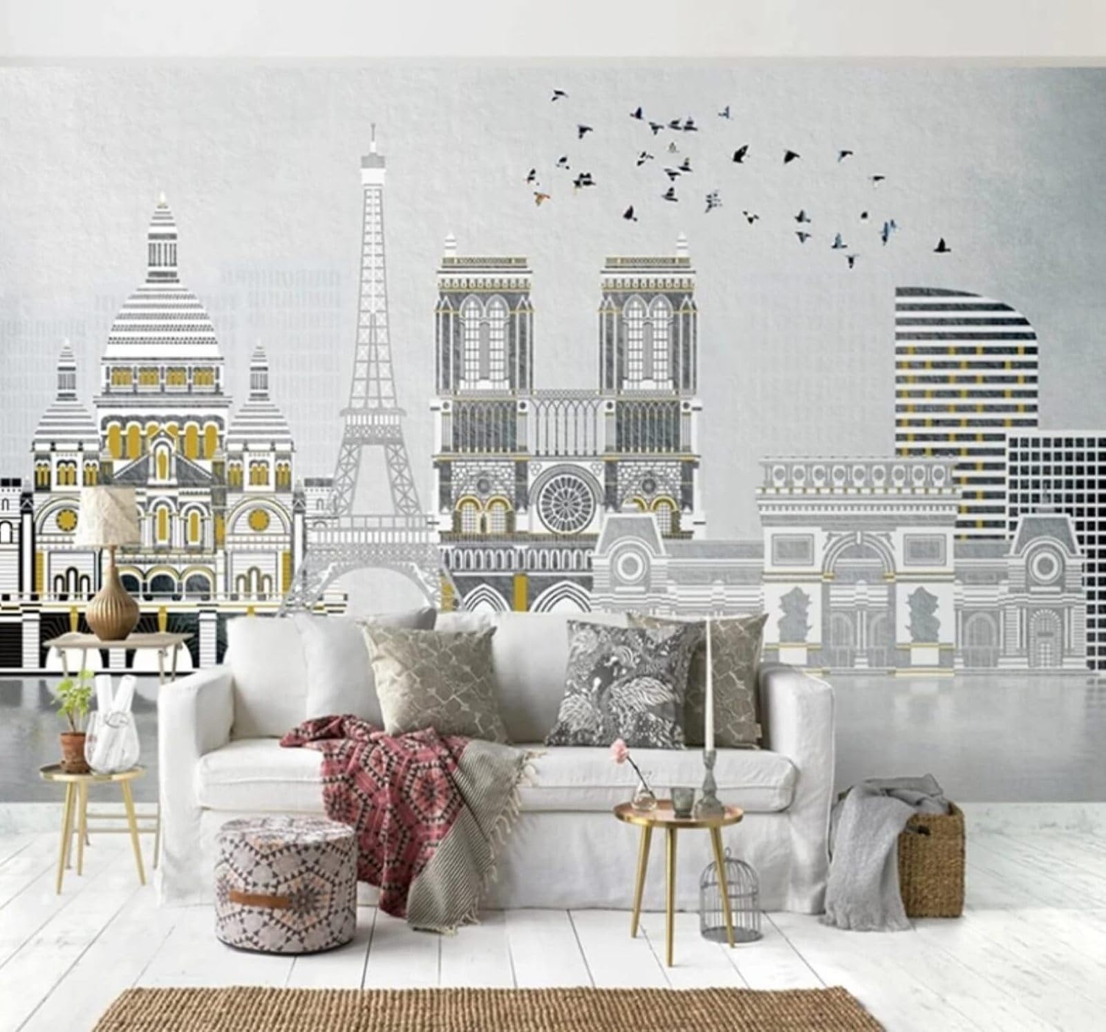 XLMING Hand Drawn Geometric City Architecture Birds in Flight Scenery 3D Wallpaper Luxury Silk Study Dining Feature Sofa Grey Bedroom Living Room Tv Decorative Wall-300cm×210cm