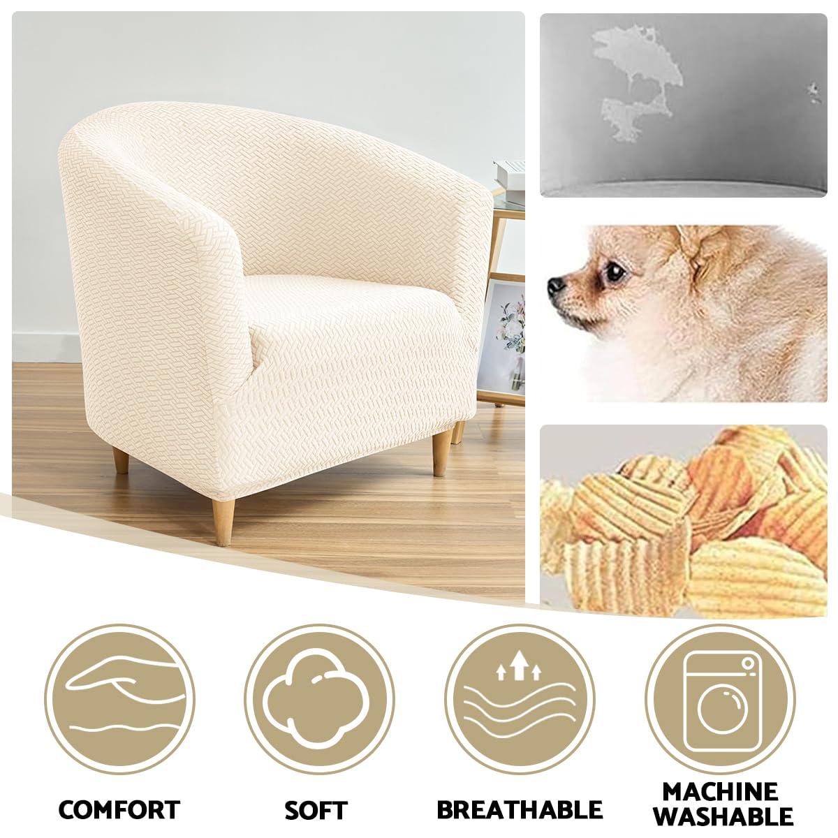 Housse de Fauteuil Cabriolet 1 Place Beige Chesterfield Jacquard Extensible Tub Chair pour Salon Café